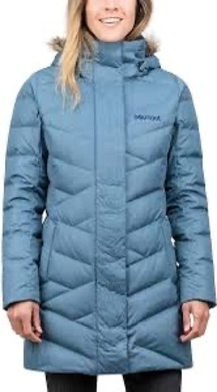 Marmot Varma Long Down Puffer Parka Coat Jacket Faux Fur Hood Storm Cloud M